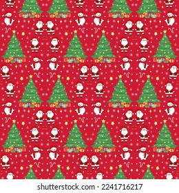 Hand drawn seamless pattern of Christmas tree, Santa Claus, decorative Christmas ball, snowman, gift, snowflake. Happy New Year and Christmas illustration for greeting card, wallpaper, wrapping paper