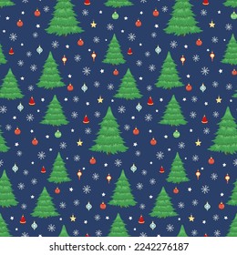 Patrón de árbol de Navidad dibujado a mano, colorido y decorativo balón de Navidad, estrella, copo de nieve. Feliz Año Nuevo e ilustración de Navidad para tarjeta de saludo, invitación, papel tapiz, papel envolvente