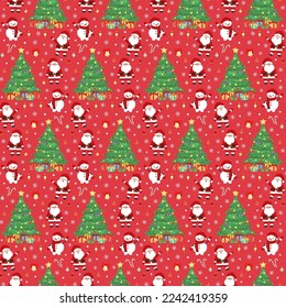 Hand drawn seamless pattern of Christmas tree, Santa Claus, decorative Christmas ball, snowman, gift, snowflake. Happy New Year and Christmas illustration for greeting card, wallpaper, wrapping paper