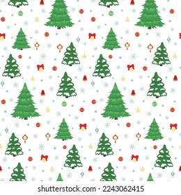 Patrón de árbol de Navidad dibujado a mano, colorido y decorativo balón de Navidad, estrella, copo de nieve. Feliz Año Nuevo e ilustración de Navidad para tarjeta de saludo, invitación, papel tapiz, papel envolvente