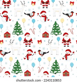 Hand drawn seamless pattern of Christmas tree, Santa Claus, deer, snowman, bird, bell, snowflake. Happy New Year and Christmas illustration for greeting card, invitation, wallpaper, wrapping paper