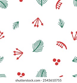 Hand drawn seamless pattern with christmas tree branches and berries. Vector illustration