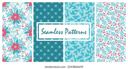 Hand drawn seamless pattern of Christmas design with holly leaves, poinsettia and Christmas tree branches. Set of fashion print for background, holiday design, wallpaper, fabric