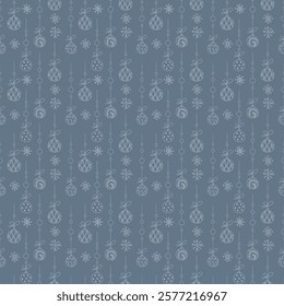 Hand drawn seamless pattern with Christmas tree balls on a thread color. Doodle illustration.