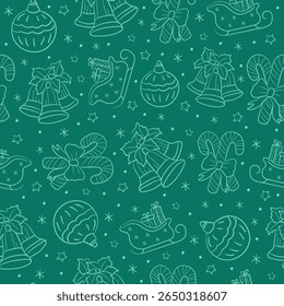 Padrão sem costura desenhado à mão com elementos de decoração de Natal no fundo verde. Ornamento festivo para férias de inverno. Vetor.