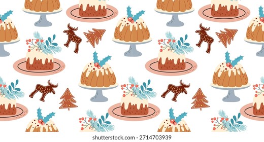 Padrão sem costura desenhado à mão com bolos de Natal e biscoitos de gengibre. Ilustração vetorial