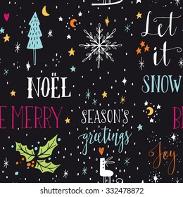 Hand drawn seamless pattern with Christmas design elements. Lettering, stars, holly tree leaves, skates and snowflakes.