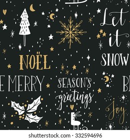 Hand drawn seamless pattern with Christmas design elements. Lettering, stars, holly tree leaves, skates and snowflakes.