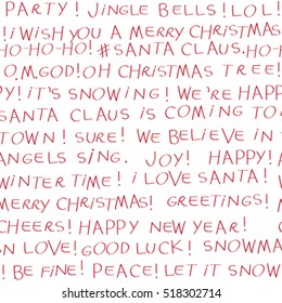 Hand drawn seamless pattern with Christmas greetings text doodles isolated on white, original childish font