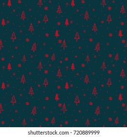 Hand drawn seamless pattern with Christmas tree and snowflake
