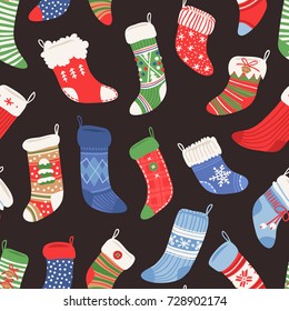 Hand drawn seamless pattern with Christmas socks for gifts. Holidays background. Abstract  doodle drawing. Vector art illustration