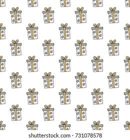 Hand drawn seamless pattern with Christmas gift boxes. Vector illustration in scandinavian style.