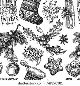 Hand drawn seamless pattern christmas lettering. Sketch style drawing. Merry christmas and a happy new year. Us for Invitations, flyers, postcards, web etc