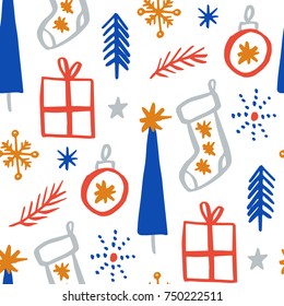 Hand drawn seamless pattern with Christmas elemets (presents, trees, stars, balls, bows, etc.). Vector illustration for your design. Can be used for banner, card, print, scrapbook, wrapping paper.