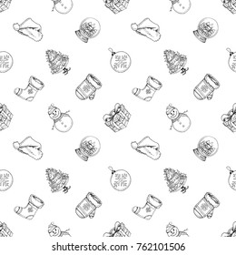Hand drawn seamless pattern for Christmas and New Year winter Holidays. Outlint sketch set of vector illustration.