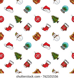 Hand drawn seamless pattern for Christmas and New Year winter Holidays. Outlint sketch set of vector illustration.