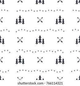 Hand drawn seamless pattern with Christmas tree, arrows design elements. Xmas wallpaper. Holiday vector background patter design isolated on white.