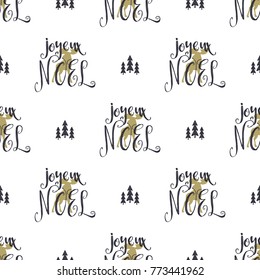 Hand drawn seamless pattern with Christmas type design elements. Lettering, trees, snow. Xmas calligraphy. Holiday wallpaper pattern design isolated on white background. Hipster style.
