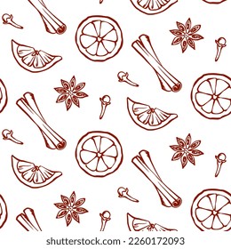 Hand drawn seamless pattern with cinnamon, carnation, anise and orange slices. Mulled wine or bakery spices and ingredients. Vector kitchen background for menu design, textile, fabric, wrapping paper