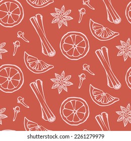 Hand drawn seamless pattern with cinnamon, carnation, anise and orange slices. Mulled wine or bakery spices and ingredients. Vector kitchen background for menu design, textile, fabric, wrapping paper