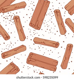 Hand drawn seamless pattern with cinnamon sticks. Background for cafe, kitchen or food package. Vector illustration