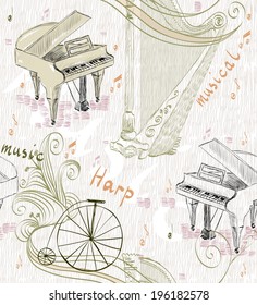 hand drawn seamless pattern of classical musical instruments