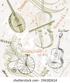 hand drawn seamless pattern of classical musical instruments