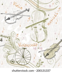 hand drawn seamless pattern of classical musical instruments