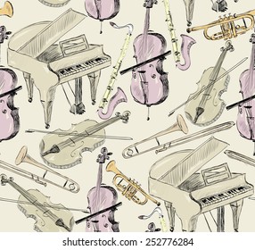 hand drawn seamless pattern of classical musical instruments