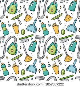 Hand drawn seamless pattern of cleaning equipments, sponge, vacuum, spray, broom, bucket. Doodle sketch style. Clean element drawn by digital brush-pen. Illustration for background, wallpaper, banner.