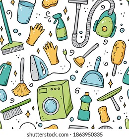 Hand drawn seamless pattern of cleaning equipments, sponge, vacuum, spray, broom, bucket. Doodle sketch style. Clean element drawn by digital brush-pen. Illustration for background, wallpaper, banner.