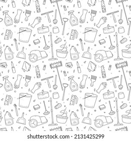 Hand drawn seamless pattern of cleaning equipment, agent, mop, sponge, vacuum, spray, broom,rubber glooves.  Spring clean chores elements in doodle sketch style. Vector background, wallpaper, backdrop