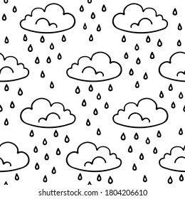 Hand drawn seamless pattern with clouds and rain drops in doodle style. Stylized endless cartoon rain. Black contour clouds isolated on a white background. eps.8. Vector stock illustration.
