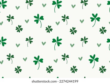 Hand Drawn Seamless Pattern With Clover Leaves And Little Hearts. Irregular Repeatable Design On Off-White Background. Vector Graphic Great To Use For St. Patrick’s Day.