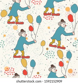 Hand Drawn Seamless Pattern with clown and balloons.Great for wedding cards, postcards, t-shirts, bridal invitations, brochures, posters, wall art, wallpapers, etc.Vector Illustration.