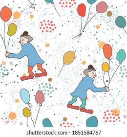 Hand Drawn Seamless Pattern with clown and balloons.Great for wedding cards, postcards, t-shirts, bridal invitations, brochures, posters, gift wrapping, wall art, wallpapers, etc.Vector Illustration.