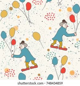 Hand Drawn Seamless Pattern with clown and balloons.Great for wedding cards, postcards, t-shirts, bridal invitations, brochures, posters, gift wrapping, wall art, wallpapers, etc.Vector Illustration.