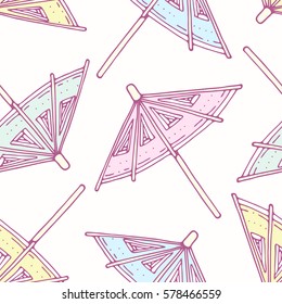 Hand drawn seamless pattern with cocktail umbrellas. Background for cafe, kitchen or food package. Vector illustration