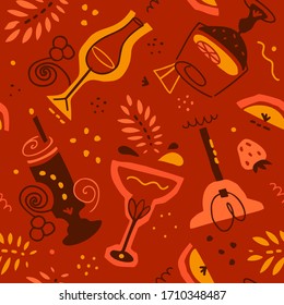 Hand drawn seamless pattern with cocktails, tropical leaves and splashes dots, doodle geometric elements. Food and vacation theme. For summer beach party, bachelorette party.
