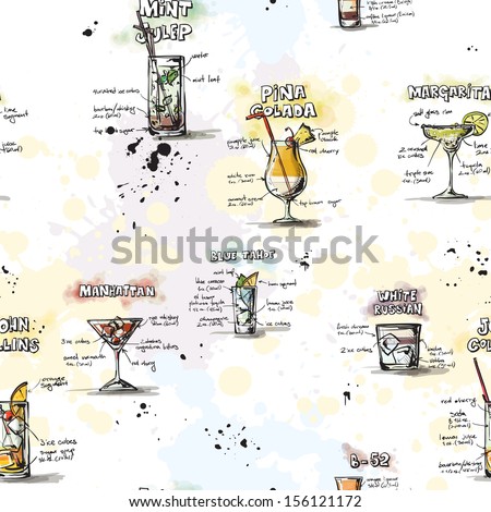 Hand drawn seamless pattern with cocktails. Vector background.
