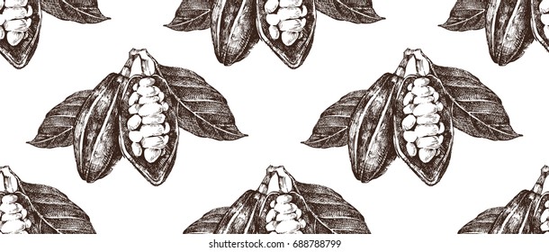 Hand drawn seamless pattern with cocoa beans. High quality vector illustration