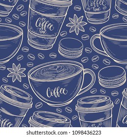 Hand drawn seamless pattern with coffee cups, beans, mugs, macaroons. Vector background in vintage retro colors. Decorative sketch doodle illustration
