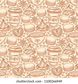 Hand drawn seamless pattern with coffee cups, beans, mugs, macaroons. Vector background in vintage retro colors. Decorative sketch doodle illustration