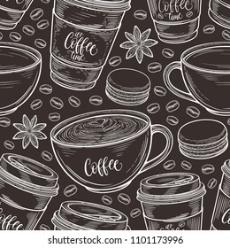 Hand drawn seamless pattern with coffee cups, beans, mugs, macaroons. Colorful background in vintage retro colors. Decorative doodle vector illustration