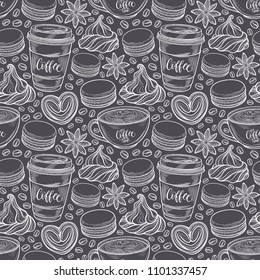 Hand drawn seamless pattern with coffee cups, beans, mugs, macaroons. Vector background in vintage retro colors. Decorative sketch doodle illustration