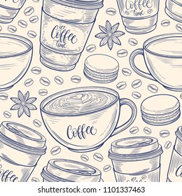 Hand drawn seamless pattern with coffee cups, beans, mugs, macaroons. Colorful background in vintage retro colors. Decorative doodle vector illustration
