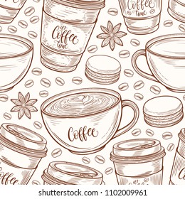 Hand drawn seamless pattern with coffee cups, beans, mugs, macaroons. Vector background in vintage retro colors. Decorative sketch doodle illustration