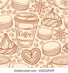 Hand drawn seamless pattern with coffee cups, beans, mugs, macaroons. Vector background in vintage retro colors. Decorative sketch doodle illustration