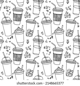 Hand drawn seamless pattern with coffee cups various shapes with drinking straws. Monochrome linear funny background.