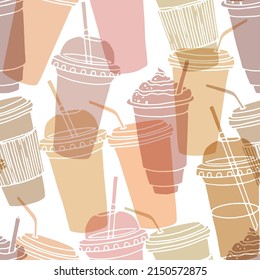 Hand drawn seamless pattern with coffee cups various shapes with drinking straws. Mute colors repeatable background.
